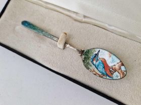Enamel decorated with Kingfisher spoon. 4 in long.. Birmingham 1959. Boxed