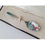 Enamel decorated with Kingfisher spoon. 4 in long.. Birmingham 1959. Boxed