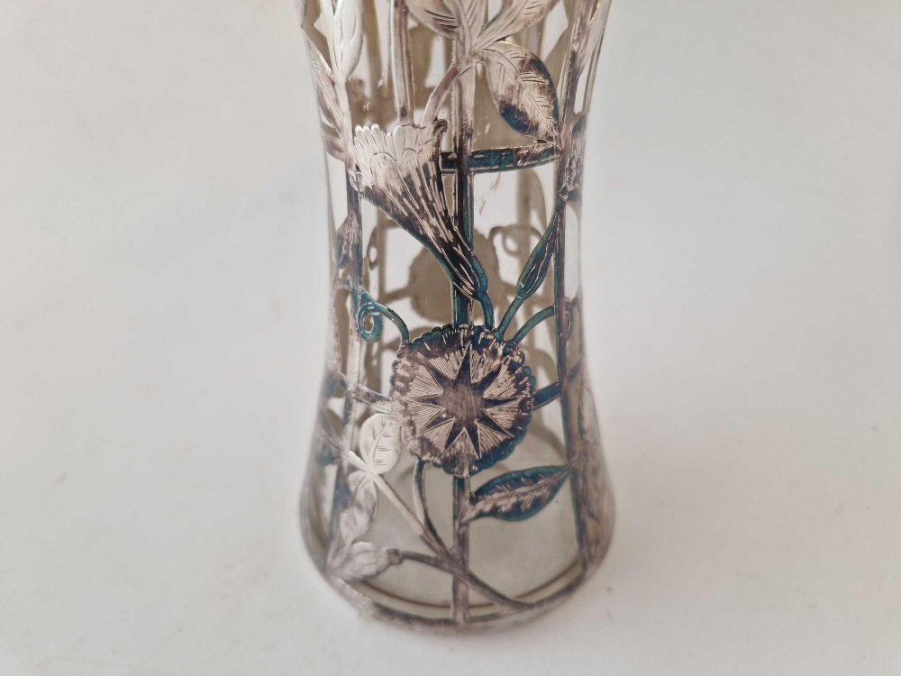 A silver overlay vase with glass body (cracked), 8" high - Image 2 of 3