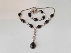 A stone set silver necklace and matching bracelet, 98 g inc