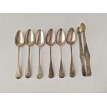 A set of six Exeter, teaspoons OE Pattern and a pair of similar tongs 1810 by GH, 128 g