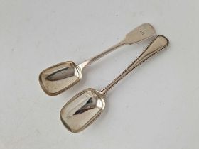 Two Victorian long handled caddy spoons, one with beaded edge, London 1845 and 1887, 66g