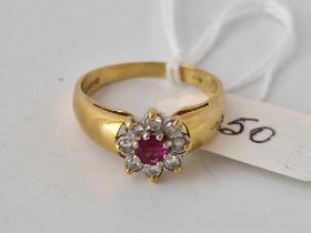 Antique Ruby and diamond Daisy Cluster Ring 18ct gold Size Q 4.5g
