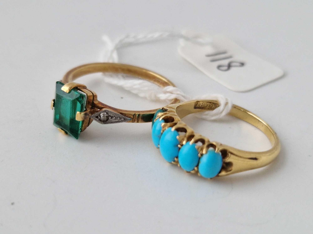 A TURQUOISE 5 STONE RING SIZE K & A GREEN PASTE RING SIZE Q BOTH 18CT GOLD 6.7g inc - Image 2 of 2