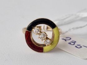 A unique diamond and three coloured enamel ring 9ct size L 4.2g
