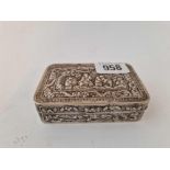 A Chinese snuff box with hinged cover and sides and chased decoration, 3.5" wide, (signed on base)