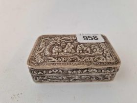 A Chinese snuff box with hinged cover and sides and chased decoration, 3.5" wide, (signed on base)