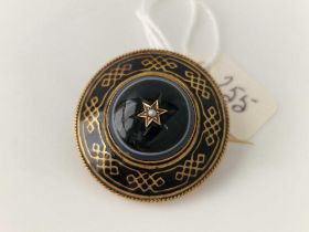 A Victorian banded agate pearl and enamel brooch with locket back 15ct tested 9.6g
