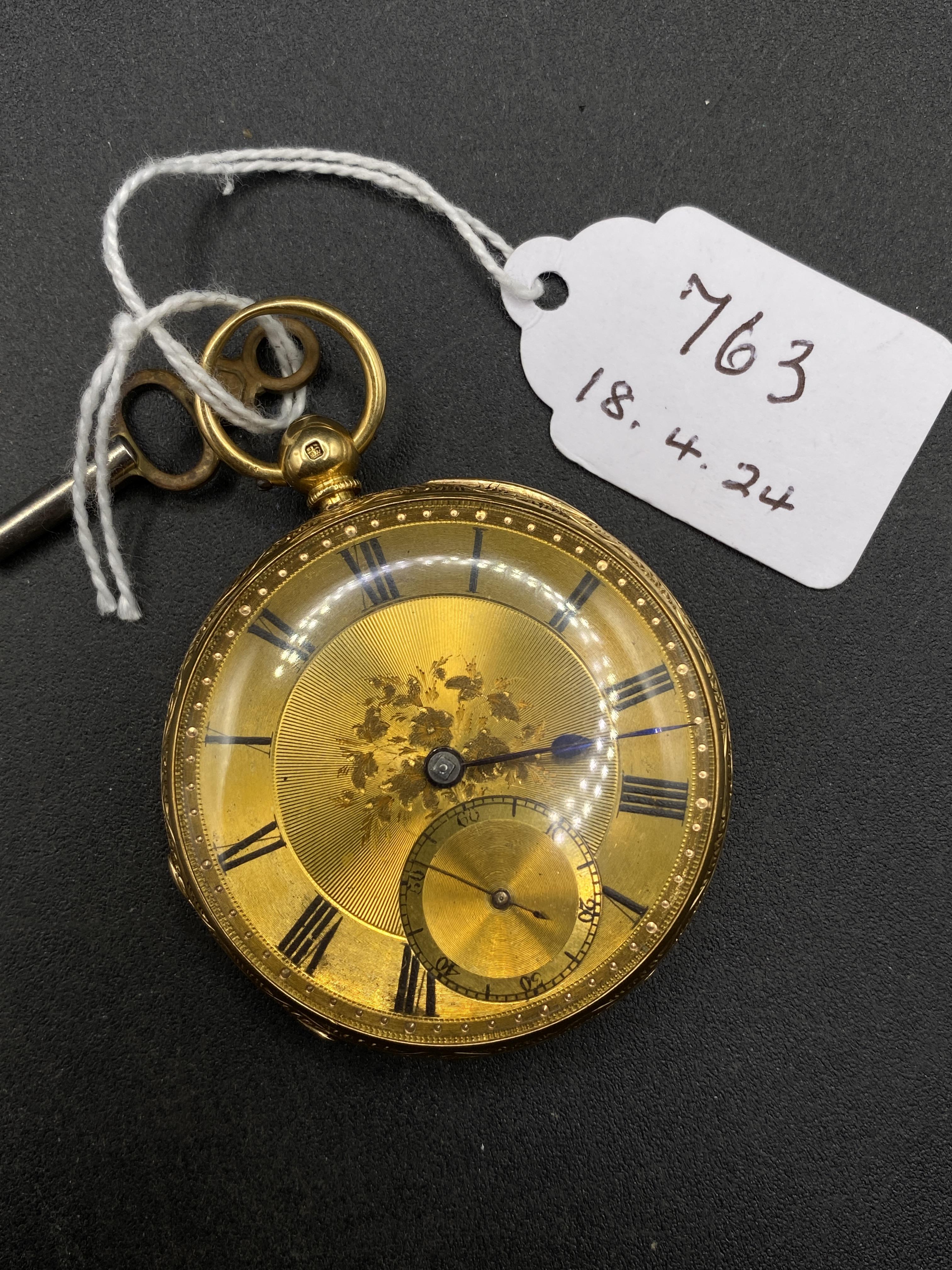 A ATTRACTIVE FLORAL ENGRAVED GENTS POCKET WATCH 18CT GOLD WITH GOLD COLOURED FACE SECONDS SWEEP