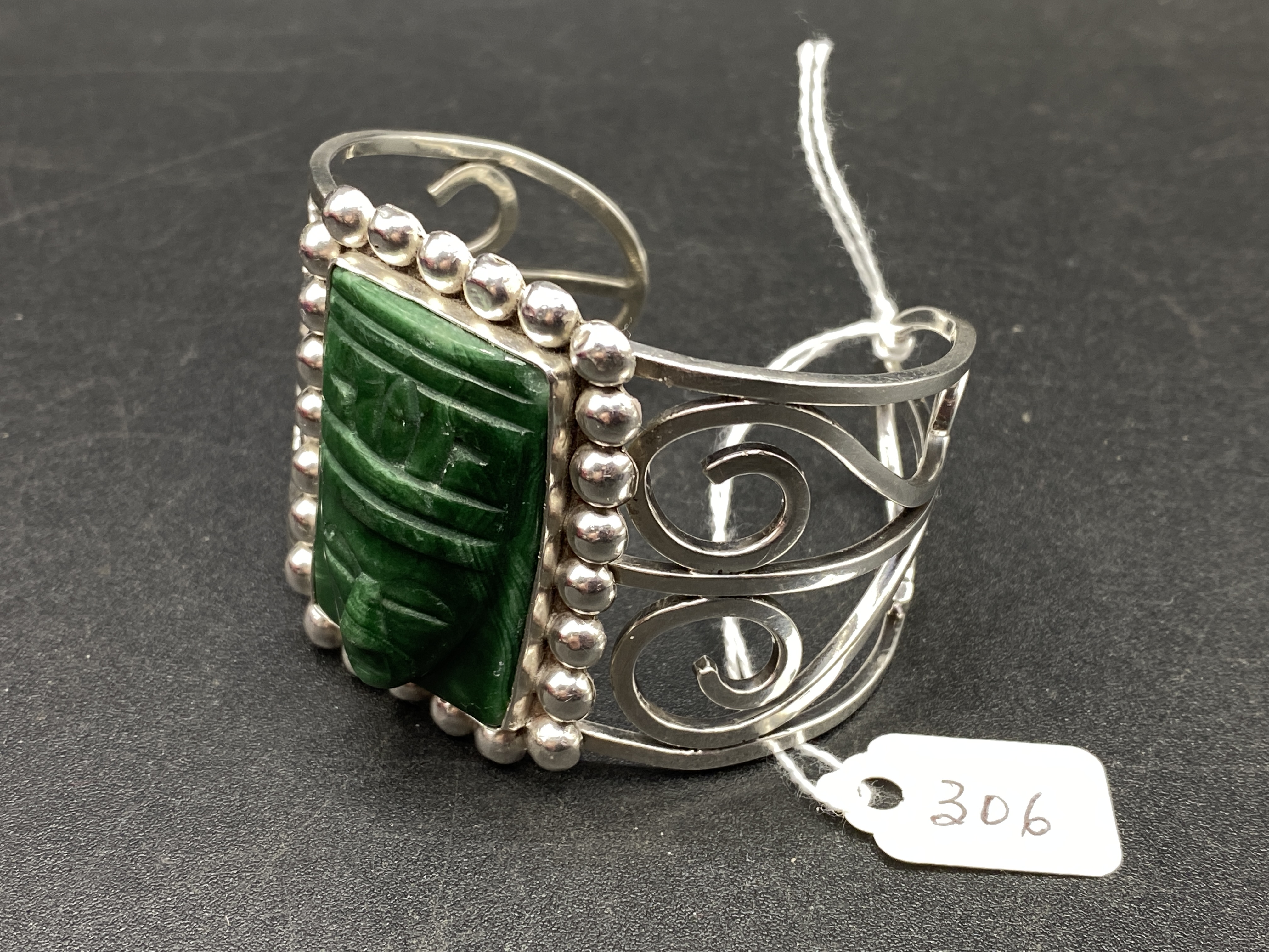 A large MEXICAN Stirling Silver cuff bracelet with green jade SCARAB mask 55 gms