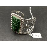 A large MEXICAN Stirling Silver cuff bracelet with green jade SCARAB mask 55 gms