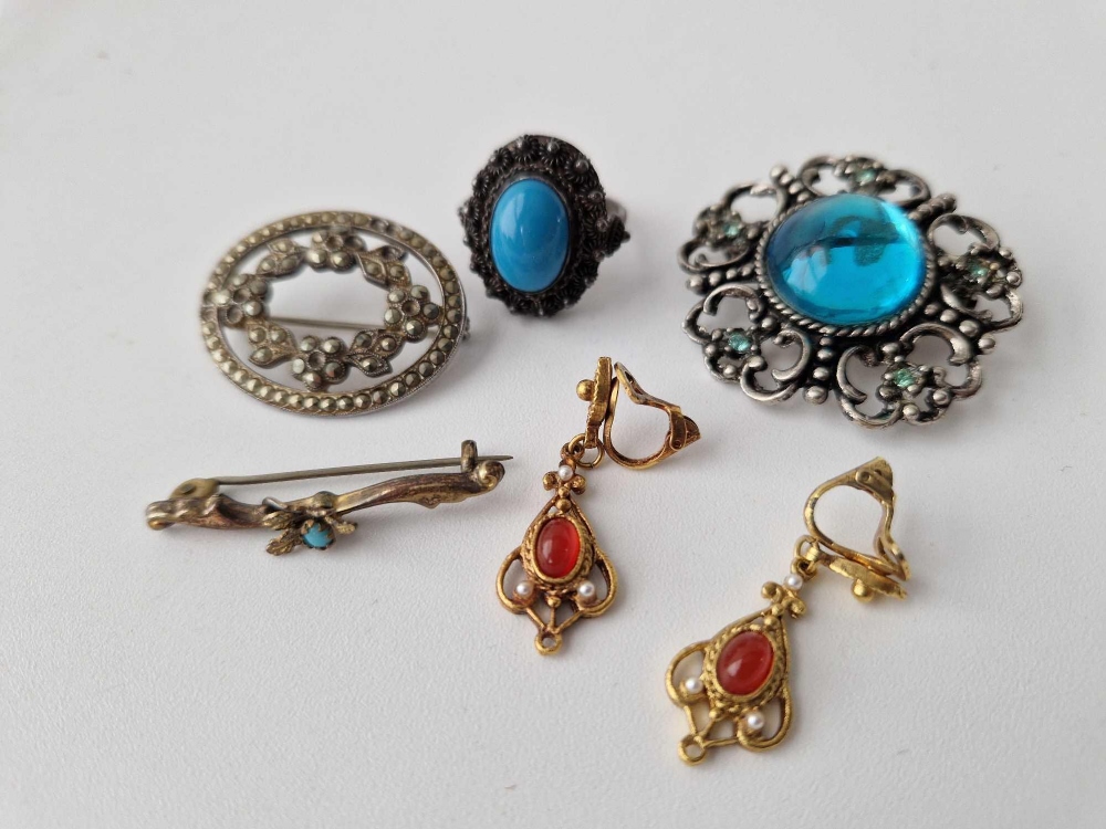 A antique turquoise dress ring silver and marcasite bar brooch etc.