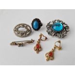 A antique turquoise dress ring silver and marcasite bar brooch etc.