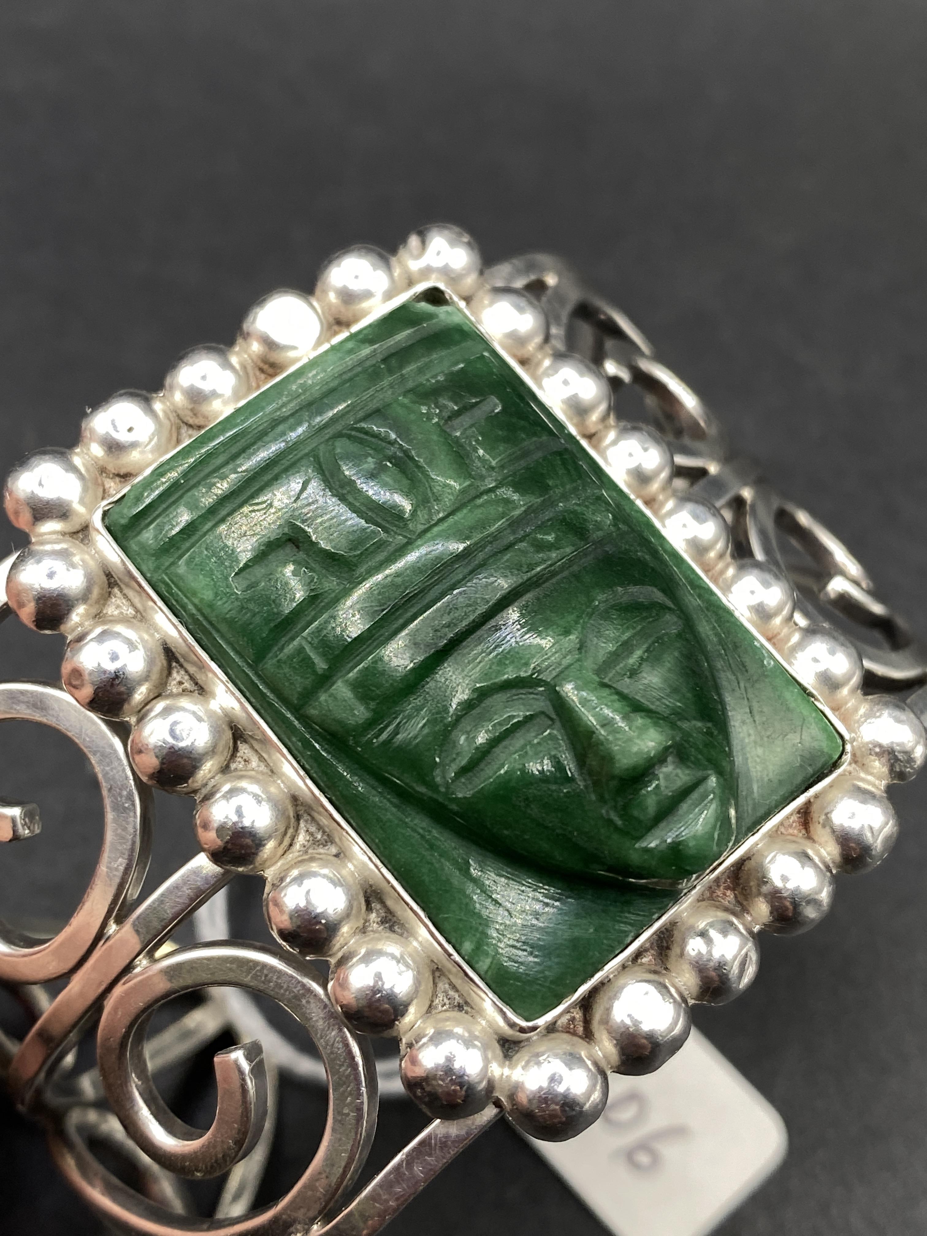 A large MEXICAN Stirling Silver cuff bracelet with green jade SCARAB mask 55 gms - Image 2 of 3