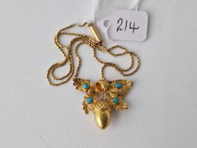 Antique Victorian 18ct gold acorn and oak leaf pendant necklet set with turquoise 14 inch