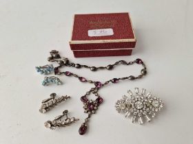 A purple stone necklace and quantity of paste jewellery etc.