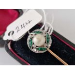 Belle Époque emerald diamond and pearl stick pin, finely cut calibrated emeralds highlighting the