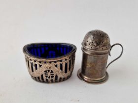 A kitchen pepper with scroll handle, Birmingham 1886 and a pierced sided salt