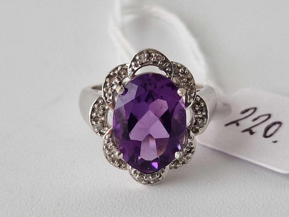 14ct hallmarked white gold amethyst and diamond fancy cluster ring, size O, 6.2g - Image 2 of 3