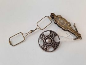 An IONA scottish silver brooch, Edinburgh 1962 and pair engraved silver gilt lorgnettes