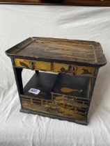 Late 19th C Japanese lacquered cabinet with draw and shelves 10.5 in wideer