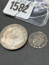 An Italian silver coin 1911 and another 1782