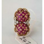 Important 50’s Ruby and Diamond dress ring the double fine Ruby cluster highlighted by diamonds,