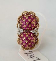 Important 50’s Ruby and Diamond dress ring the double fine Ruby cluster highlighted by diamonds,