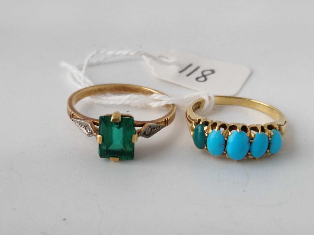 A TURQUOISE 5 STONE RING SIZE K & A GREEN PASTE RING SIZE Q BOTH 18CT GOLD 6.7g inc