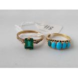 A TURQUOISE 5 STONE RING SIZE K & A GREEN PASTE RING SIZE Q BOTH 18CT GOLD 6.7g inc
