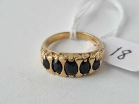 9ct gold carved half hoop ring set with 5 sapphires, size P, 5.7g