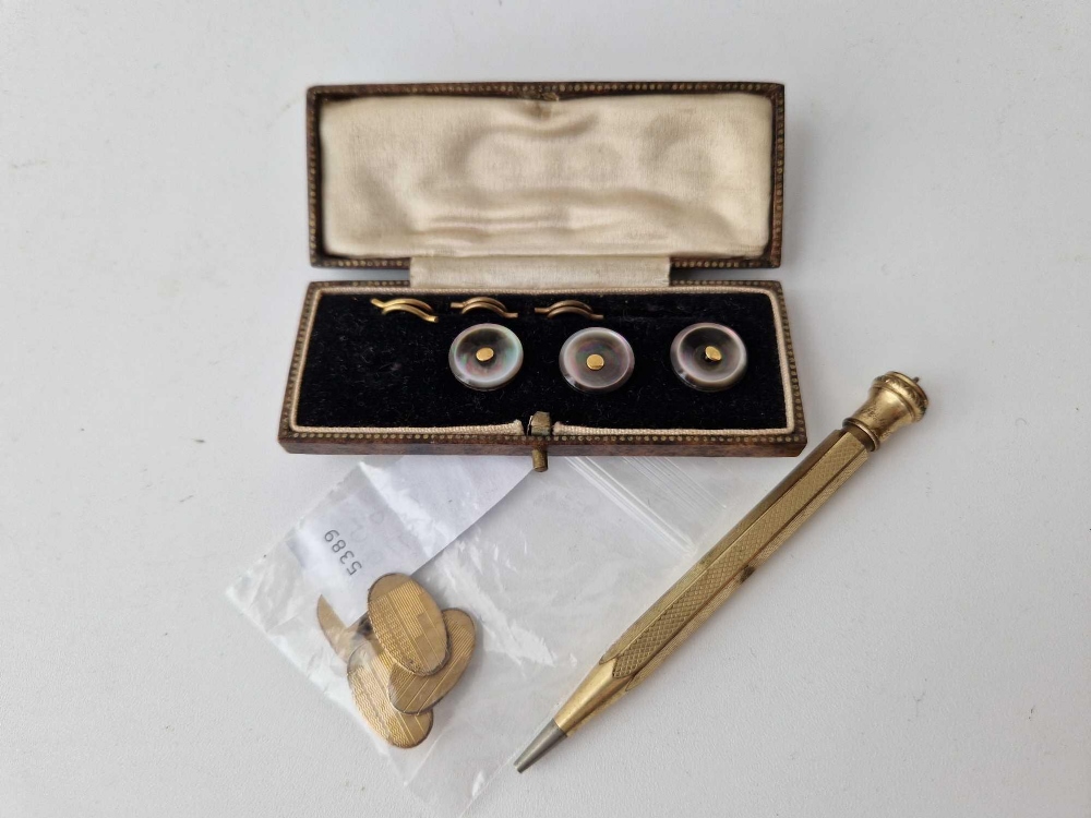 A bag of rolled gold propelling pencil and cufflinks and three boxed studs