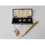 A bag of rolled gold propelling pencil and cufflinks and three boxed studs