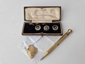 A bag of rolled gold propelling pencil and cufflinks and three boxed studs