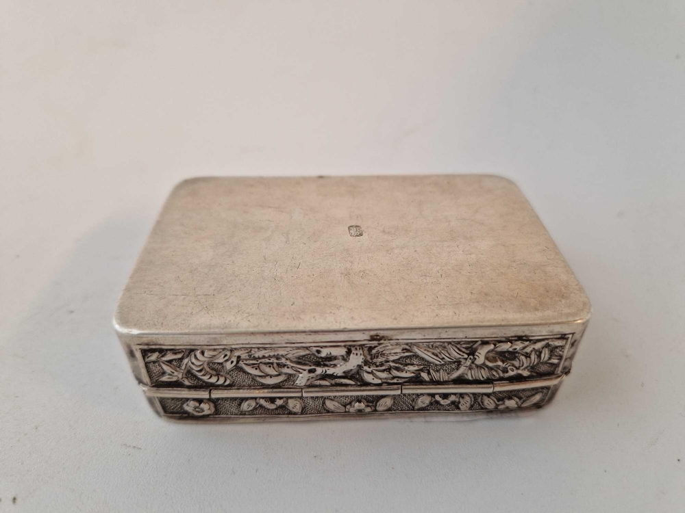 A Chinese snuff box with hinged cover and sides and chased decoration, 3.5" wide, (signed on base) - Image 2 of 3