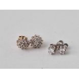 A pair of diamond stud 9ct white gold earrings & a pair of cluster earrings