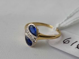 Antique Edwardian 18ct and platinum oval shaped ring set with 2 tear drop sapphires and a centre