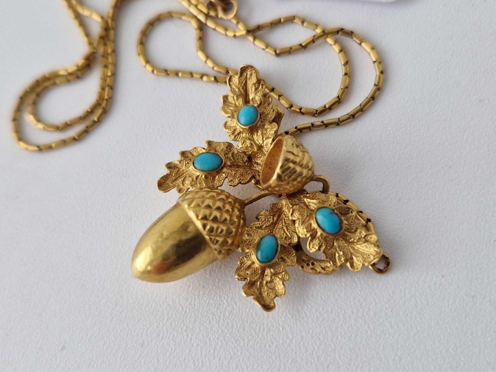 Antique Victorian 18ct gold acorn and oak leaf pendant necklet set with turquoise 14 inch - Image 2 of 3