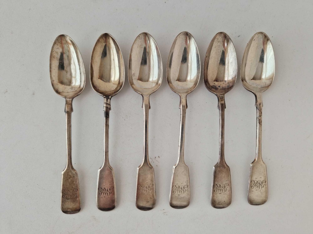 A set of six Exeter fiddle pattern tea spoons, 1859 by JW, 110g