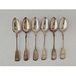 A set of six Exeter fiddle pattern tea spoons, 1859 by JW, 110g