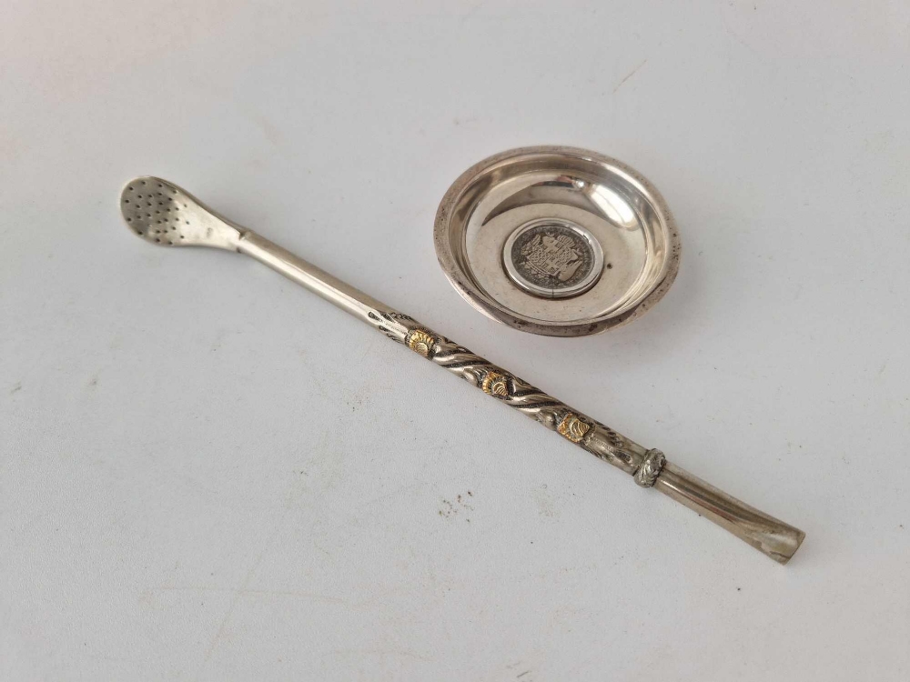 An Eastern silver pipe (800) and a Maltese dish inset with coin, 58g
