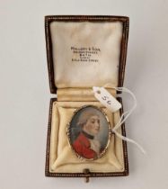 18thc gold rim hand painted miniature of a young man set in a brooch boxed