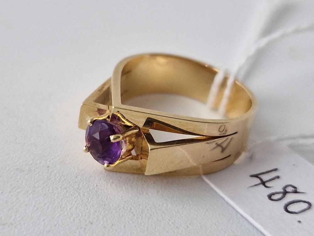 14ct yellow gold 1960s 70s abstract ring set with an amethyst, signed Br.J, size N, 6.7g - Image 2 of 3