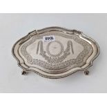 A small Victorian card tray with beaded rim and bright cut decoration, 8 inches wide, London 1874 by