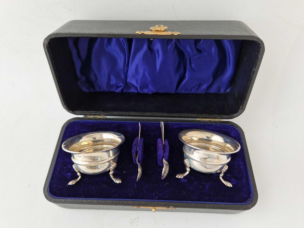 A pair of salts on pad feet with spoons in fitted box, Birmingham 1904