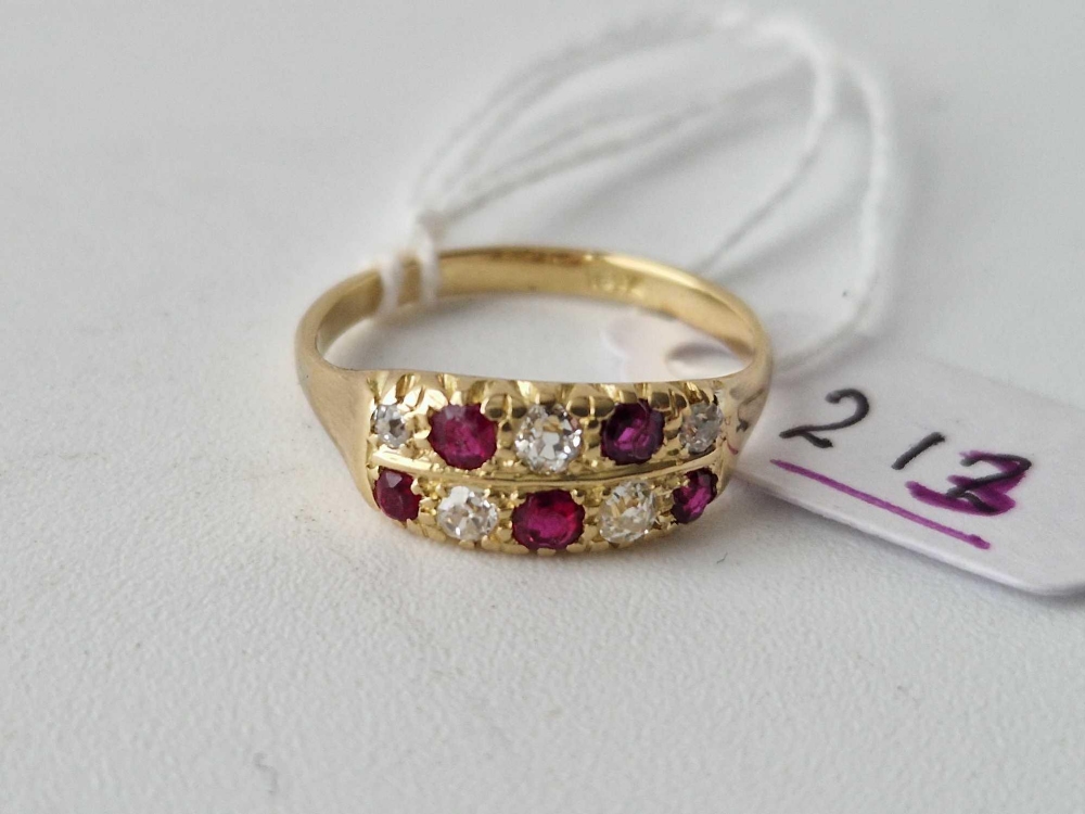 Edwardian 18ct gold ruby and diamond 2 row ring with rubies and diamonds set alternately, size N,