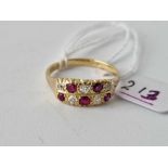 Edwardian 18ct gold ruby and diamond 2 row ring with rubies and diamonds set alternately, size N,