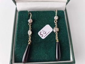 A PAIR VICTORIAN GOLD, DIAMOND & ONYX DROP EARRINGS BOXED