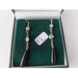 A PAIR VICTORIAN GOLD, DIAMOND & ONYX DROP EARRINGS BOXED