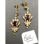 A pair of garnet 9ct drop earrings 2.5g inc